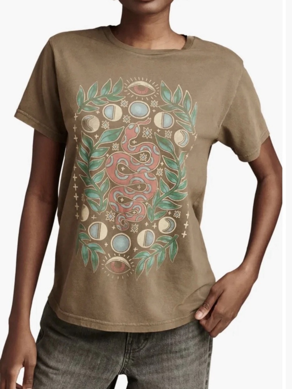 Lucky Brand Olive Green Celestial Snake Graphic Tee Shirt Large